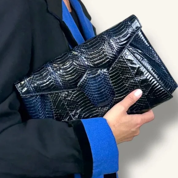 Fab Vtg J. Renee Electric Blue Snakeskin Shoulder Clutch Bag - Picture 14 of 15